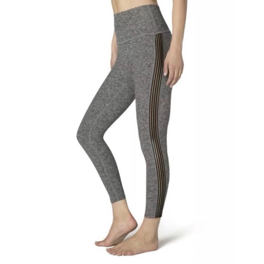 Beyond Yoga High Waisted Sheer Illusion Leggings Gray Black Mesh Side Stripe